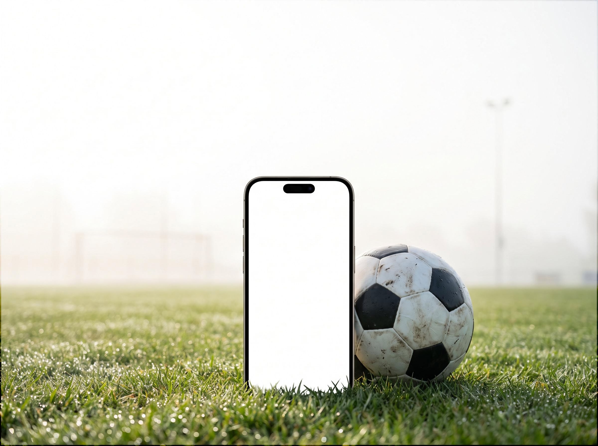 Un téléphone posé debout dans l'herbe mouillée d'un terrain de foot, contre un ballon, dans la brume du matin
